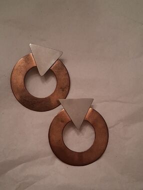Vintage Mixed Metal Copper Hoop Earrings with Silvertone Triangle Tops